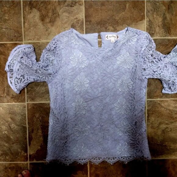 NANETTE LEPORE- SPRING FLING TOP IN SKY BLUE LACEY BELL SLEEVE CLASSY BLOUSE XS - Picture 14 of 14